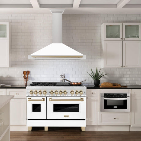 ZLINE 48 in. Autograph Edition Convertible Stainless Steel Range Hood with White Matte Shell and Champagne Bronze Accents (KB4STZ-WM48-CB) [Color: Gold Accents]