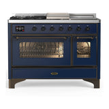 ILVE UM48FSNR3MBBLP Majestic III 48 inch Dual Fuel Range with 5 Black Brass Burners, Griddle and French Top, Dual Function Burner up to 25,000 BTU (Liquid Propane, Triple Glass Door, Midnight Blue, Burnished)