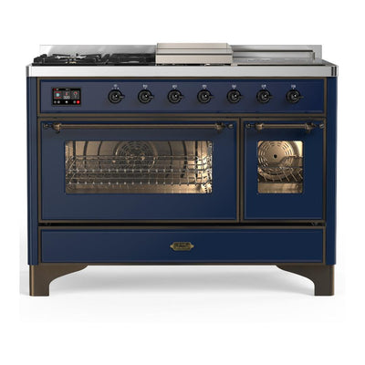 ILVE UM48FSNR3MBBLP Majestic III 48 inch Dual Fuel Range with 5 Black Brass Burners, Griddle and French Top, Dual Function Burner up to 25,000 BTU (Liquid Propane, Triple Glass Door, Midnight Blue, Burnished)