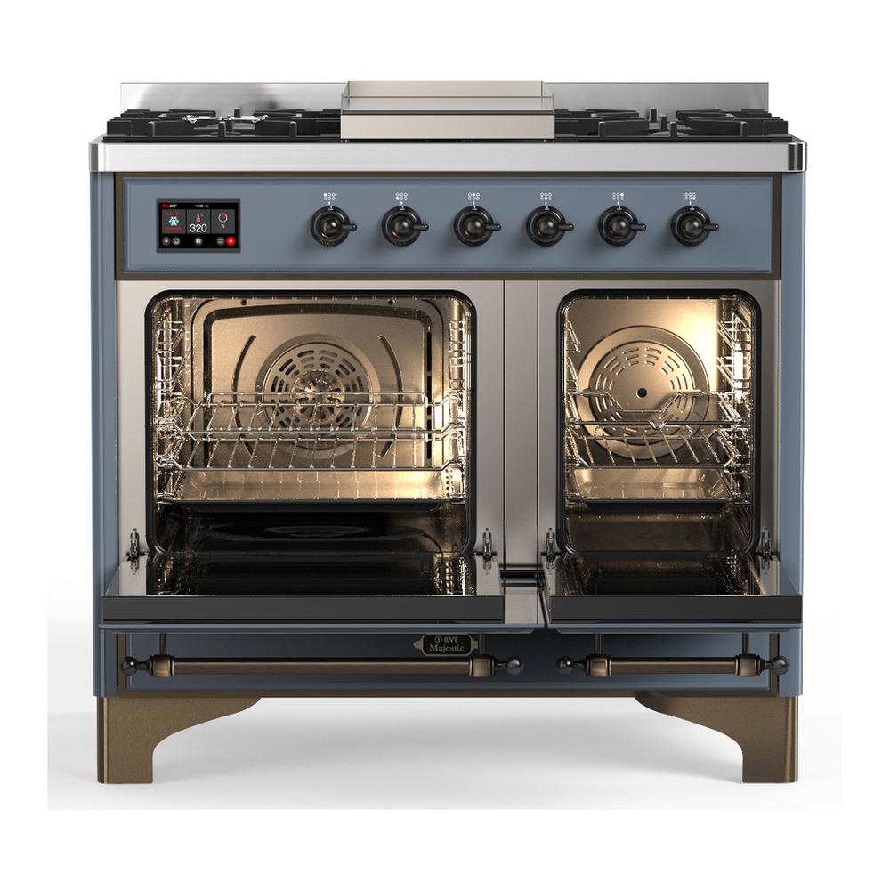 ILVE UMD40FQNR3BGBLP Majestic III 40 inch Dual Fuel Range with 6 Burners and Griddle, Dual Function Burner up to 25,000 BTU (Liquid Propane, Solid Door, Blue Grey, Burnished)