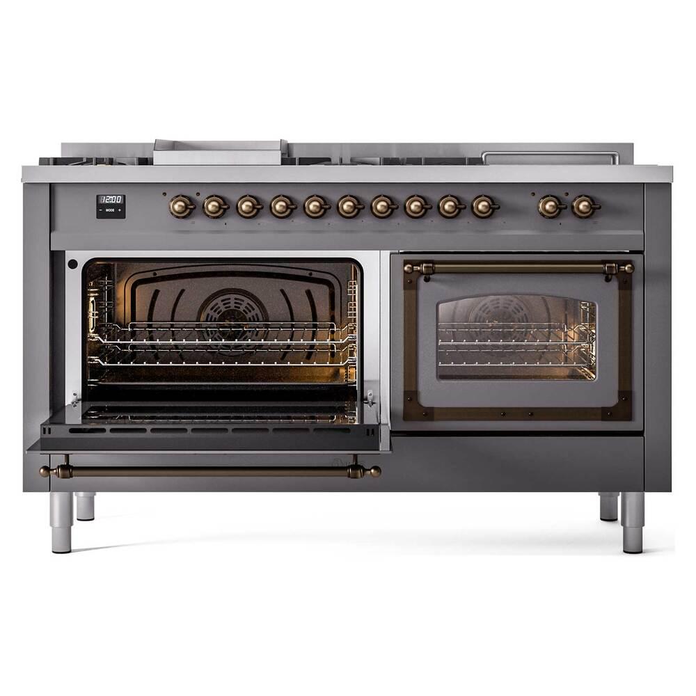 ILVE UN60FSNMPMGBLP Nostalgie II Noblesse 60 inch Dual Fuel Range (7 Sealed Burners + Griddle + French Top, Liquid Propane, Triple Glass Door, Graphite Matte, Burnished)