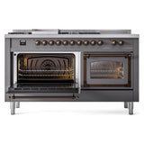 ILVE UN60FSNMPMGBLP Nostalgie II Noblesse 60 inch Dual Fuel Range (7 Sealed Burners + Griddle + French Top, Liquid Propane, Triple Glass Door, Graphite Matte, Burnished)