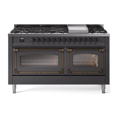 ILVE UN60FNMPMGB Nostalgie II Noblesse 60 inch Dual Fuel Range (9 Sealed Burners + Griddle, Natural Gas, Triple Glass Door, Graphite Matte, Burnished)