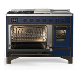 ILVE UM48FSNR3MBBLP Majestic III 48 inch Dual Fuel Range with 5 Black Brass Burners, Griddle and French Top, Dual Function Burner up to 25,000 BTU (Liquid Propane, Triple Glass Door, Midnight Blue, Burnished)