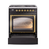 ILVE UN30NMPBKG Nostalgie II Noblesse 30 inch Dual Fuel Range (Natural Gas, Triple Glass Door, Glossy Black, Brass)