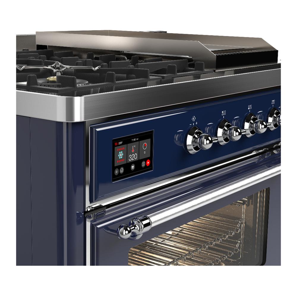 ILVE UM48FSNR3MBCLP Majestic III 48 inch Dual Fuel Range with 5 Black Brass Burners, Griddle and French Top, Dual Function Burner up to 25,000 BTU (Liquid Propane, Triple Glass Door, Midnight Blue, Chrome)