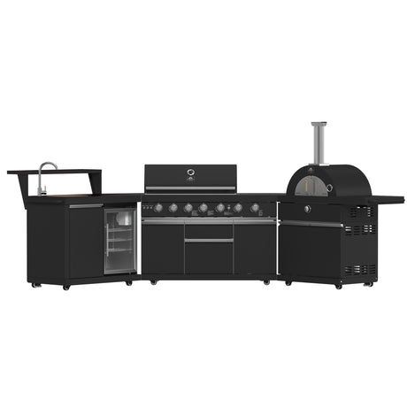Forno All Aperto 87,600 BTU Outdoor Kitchen, 4 Burners, Infrared Burners, Side Burner, Black Sintered Stone Countertops, Gas Pizza Oven, Sink Module, Bar & Beverage Center