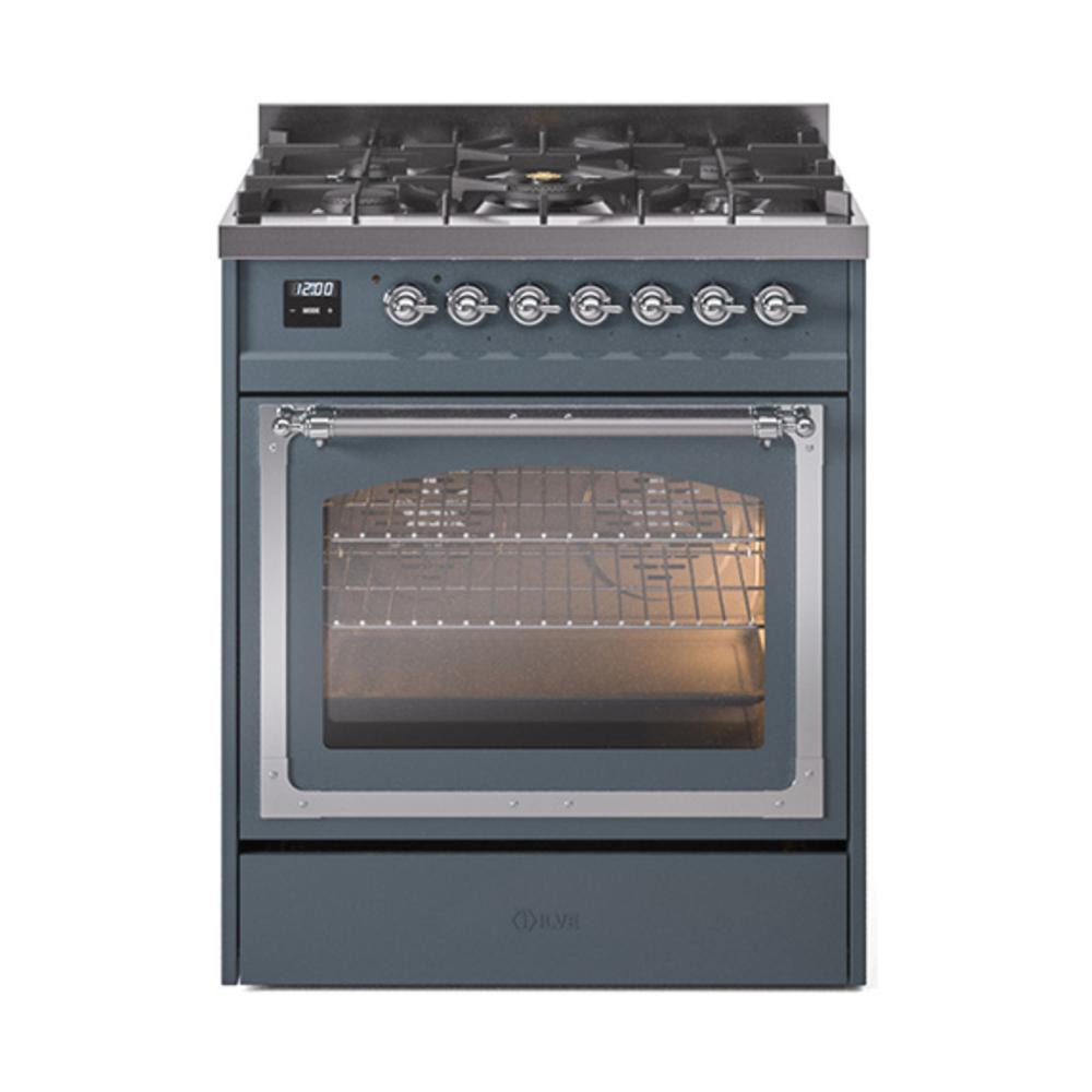 ILVE UN30NMPBGCLP Nostalgie II Noblesse 30 inch Dual Fuel Range (Liquid Propane, Triple Glass Door, Blue Grey, Chrome)