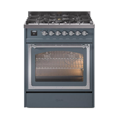 ILVE UN30NMPBGCLP Nostalgie II Noblesse 30 inch Dual Fuel Range (Liquid Propane, Triple Glass Door, Blue Grey, Chrome)
