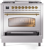 Nostalgie II 36 Inch Dual Fuel Natural Gas Freestanding Range in Stainless Steel with Brass Trim