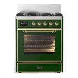 ILVE UM30NR3EGG Majestic III 30 inch Dual Fuel Range with 5 Black Brass Burners, Dual Function Burner up to 25,000 BTU (Natural Gas, Triple Glass Door, Emerald Green, Brass)