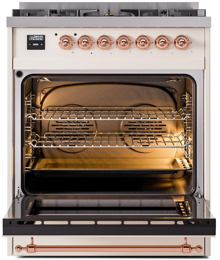 Nostalgie II 30 Inch Dual Fuel Natural Gas Freestanding Range in Antique White with Copper Trim