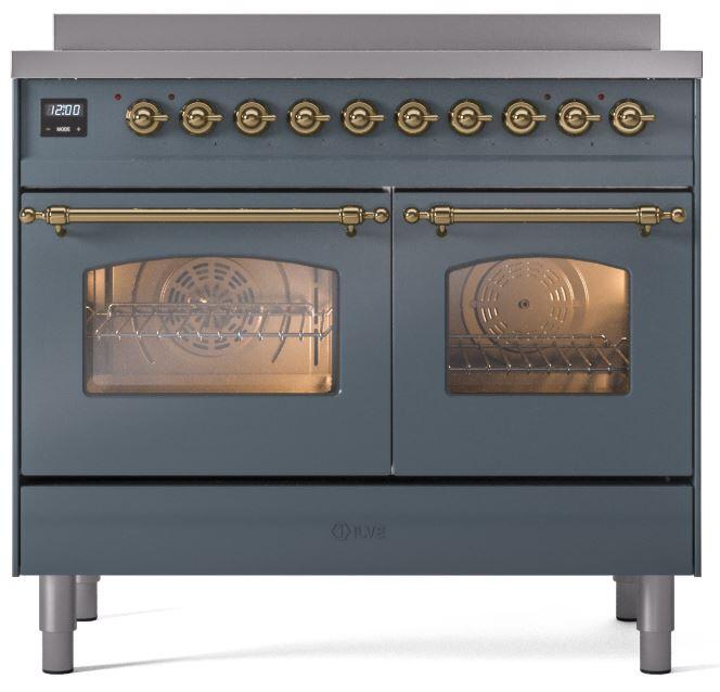 Nostalgie II 40 Inch Electric Freestanding Range in Blue Grey with Brass Trim