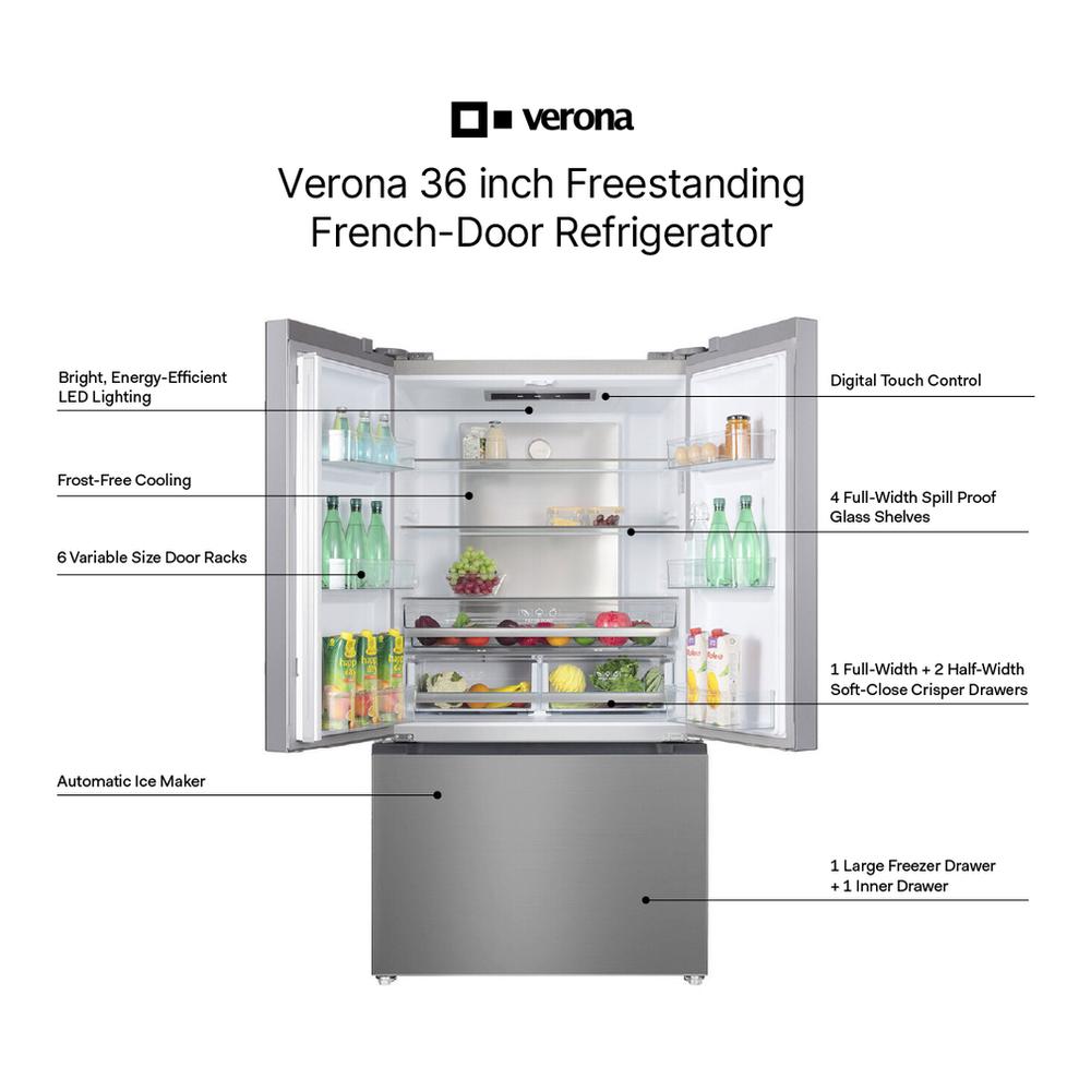 Verona VEFFD3620RISL 36 inch Freestanding French Door Refrigerator with 20.3 cu. ft. Capacity, Automatic Ice Maker, Recessed Handle