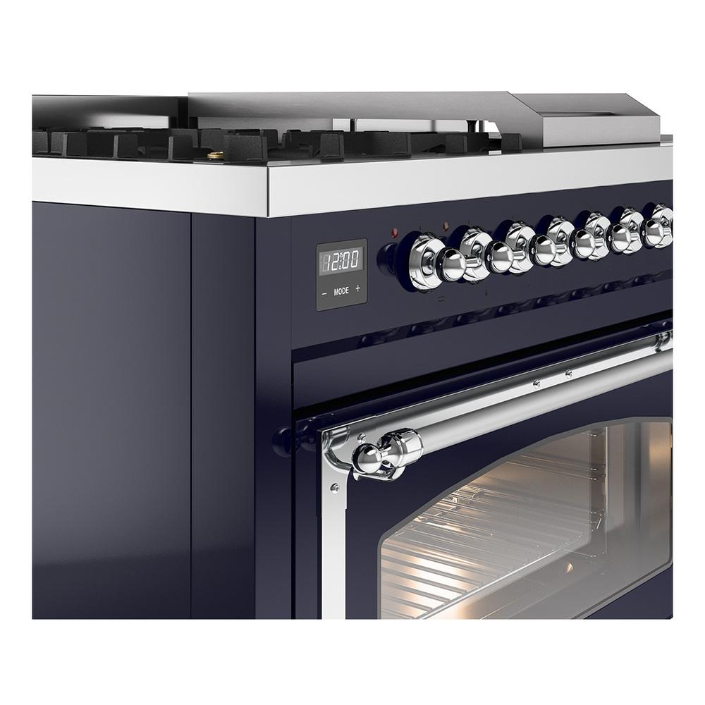 ILVE UN48FSNMPMBCLP Nostalgie II Noblesse 48 inch Dual Fuel Range (5 Sealed Burners + Griddle + French Top, Liquid Propane, Triple Glass Door, Midnight Blue, Chrome)