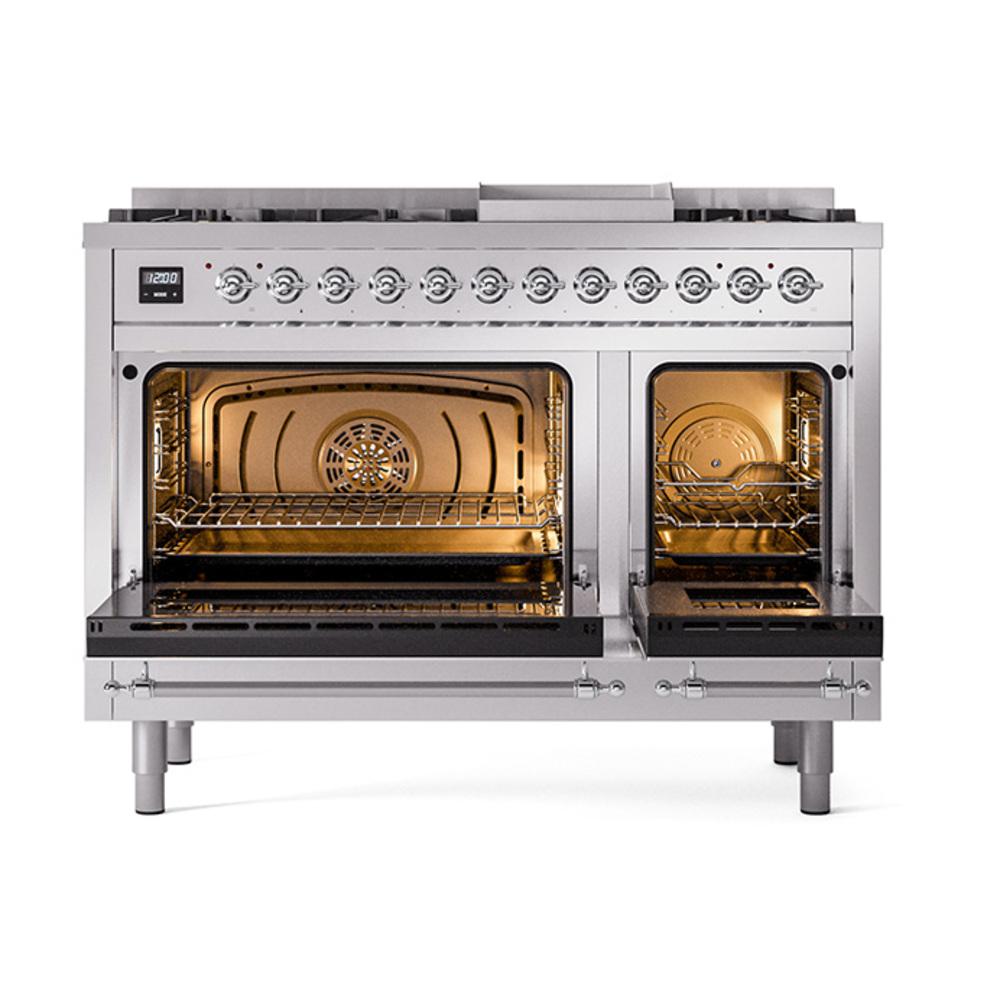ILVE UN48FNMPSSCLP Nostalgie II Noblesse 48 inch Dual Fuel Range (8 Sealed Burners + Griddle, Liquid Propane, Triple Glass Door, Stainless Steel, Chrome)