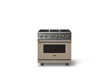 36"W. Open Burner Gas Range (Finish: Nantucket, Trim: Brushed Brass, Fuel: Propane)