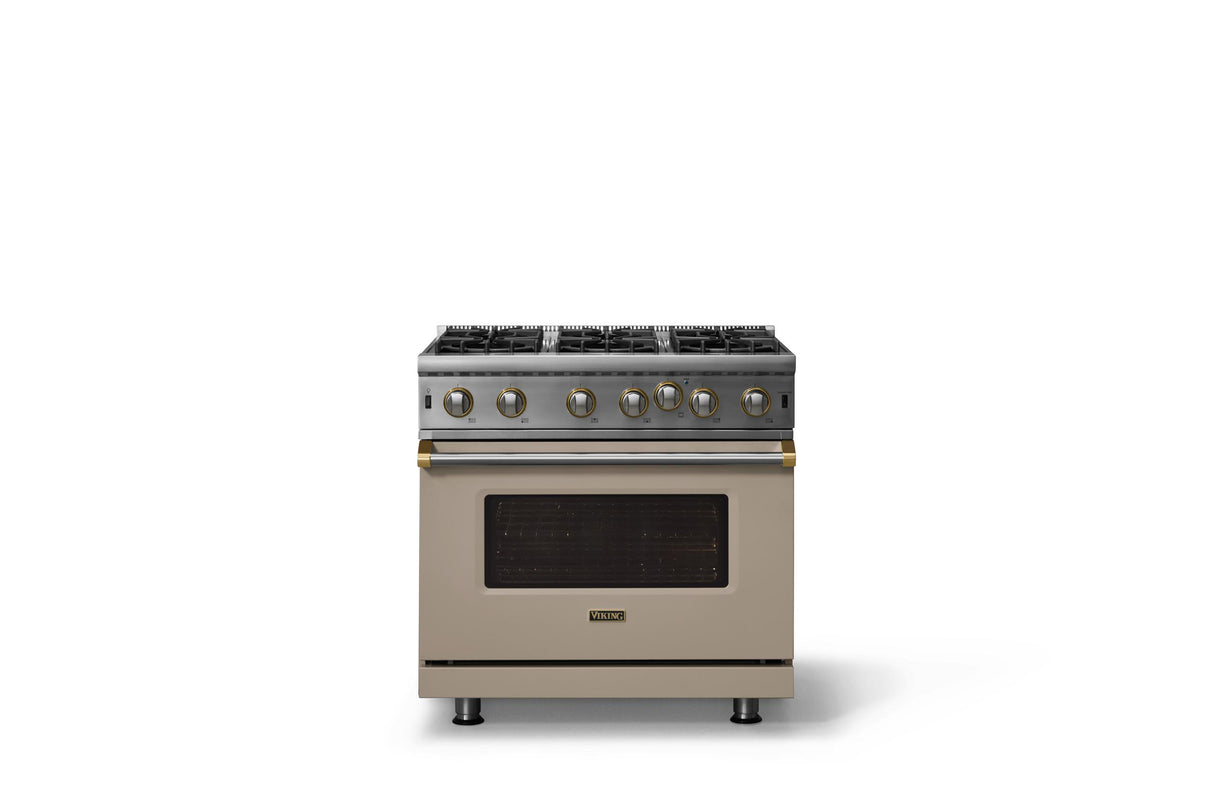 36"W. Open Burner Gas Range (Finish: Nantucket, Trim: Brushed Brass, Fuel: Natural Gas)