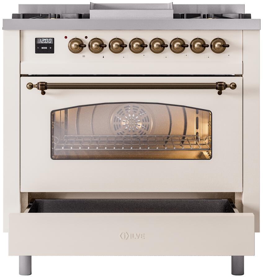 Nostalgie II 36 Inch Dual Fuel Natural Gas Freestanding Range in Antique White with Bronze Trim
