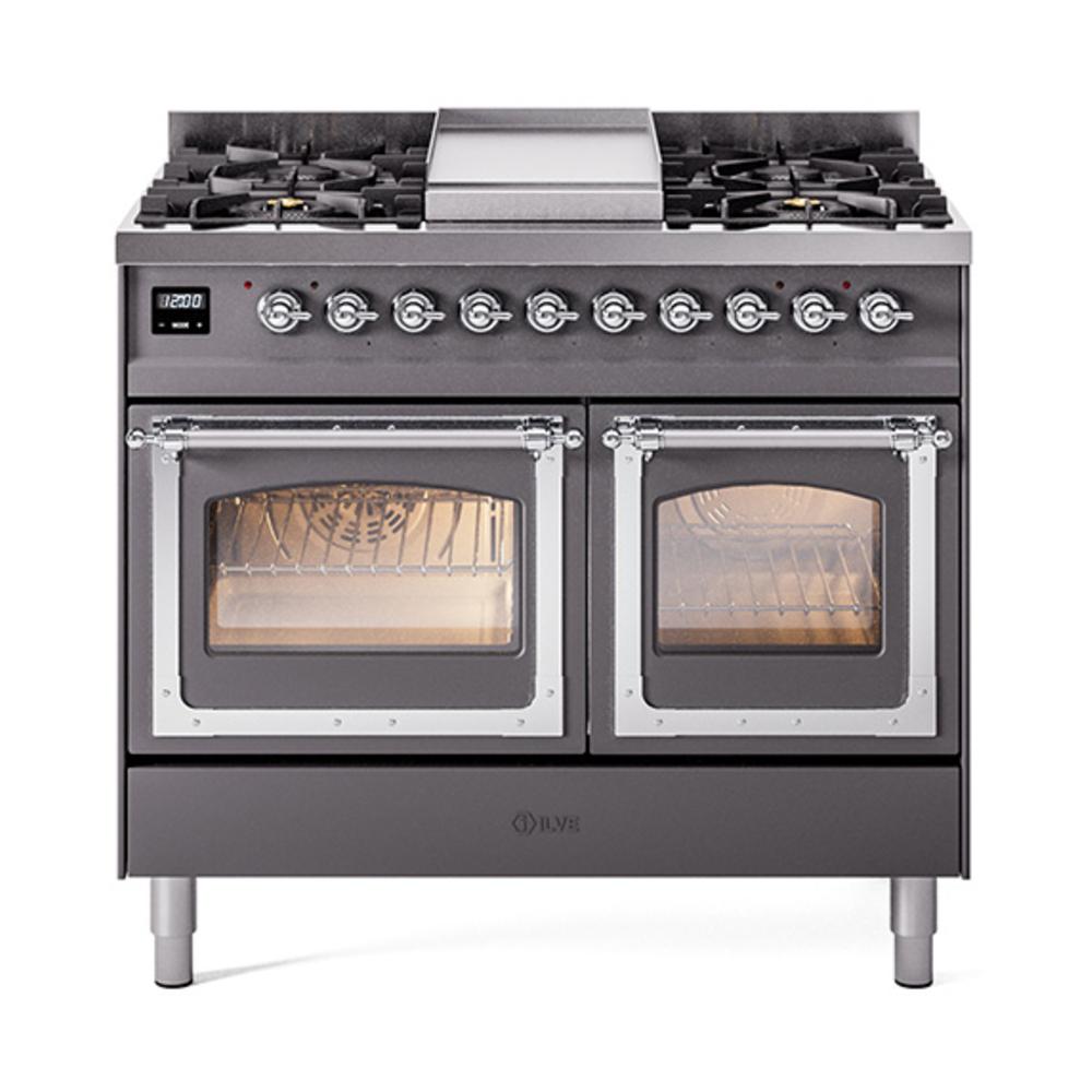 ILVE UND40FNMPMGCLP Nostalgie II Noblesse 40 inch Dual Fuel Range (Liquid Propane, Triple Glass Door, Graphite Matte, Chrome)