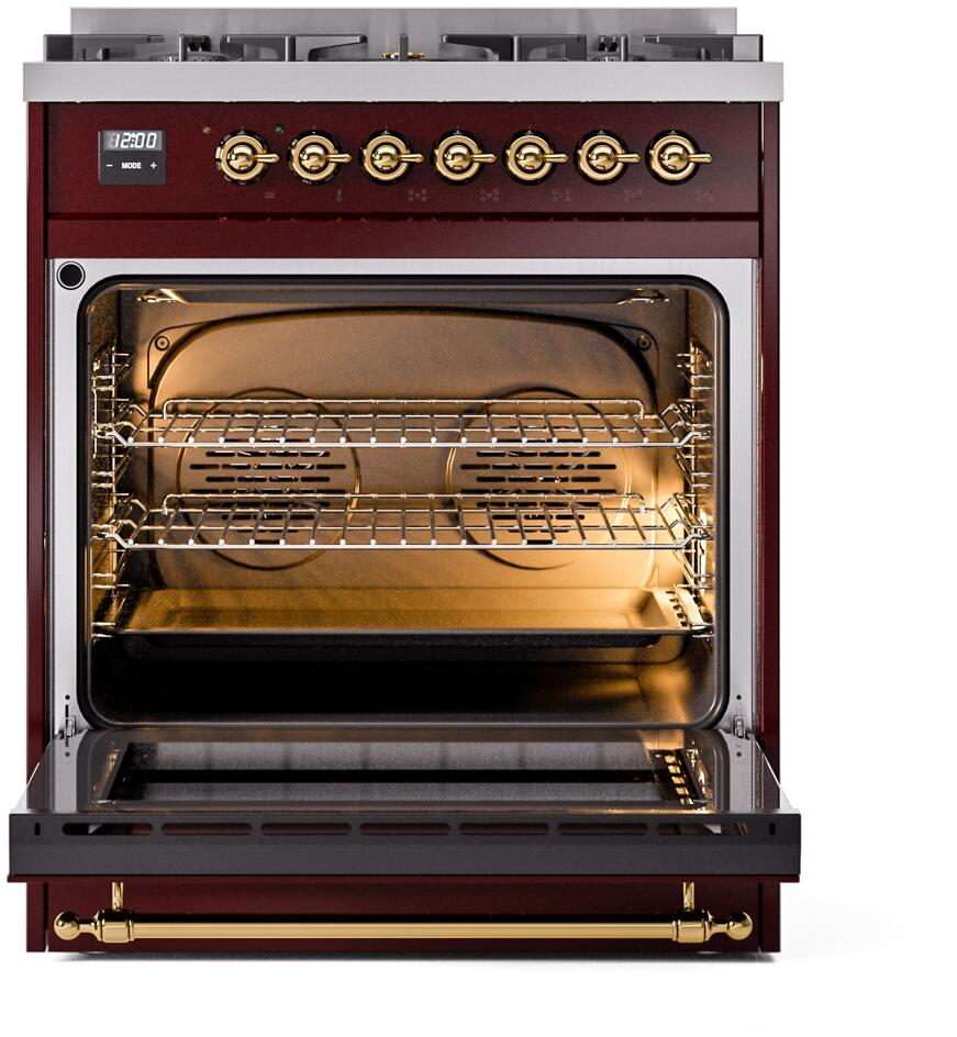 Nostalgie II 30 Inch Dual Fuel Natural Gas Freestanding Range in Burgundy with Brass Trim