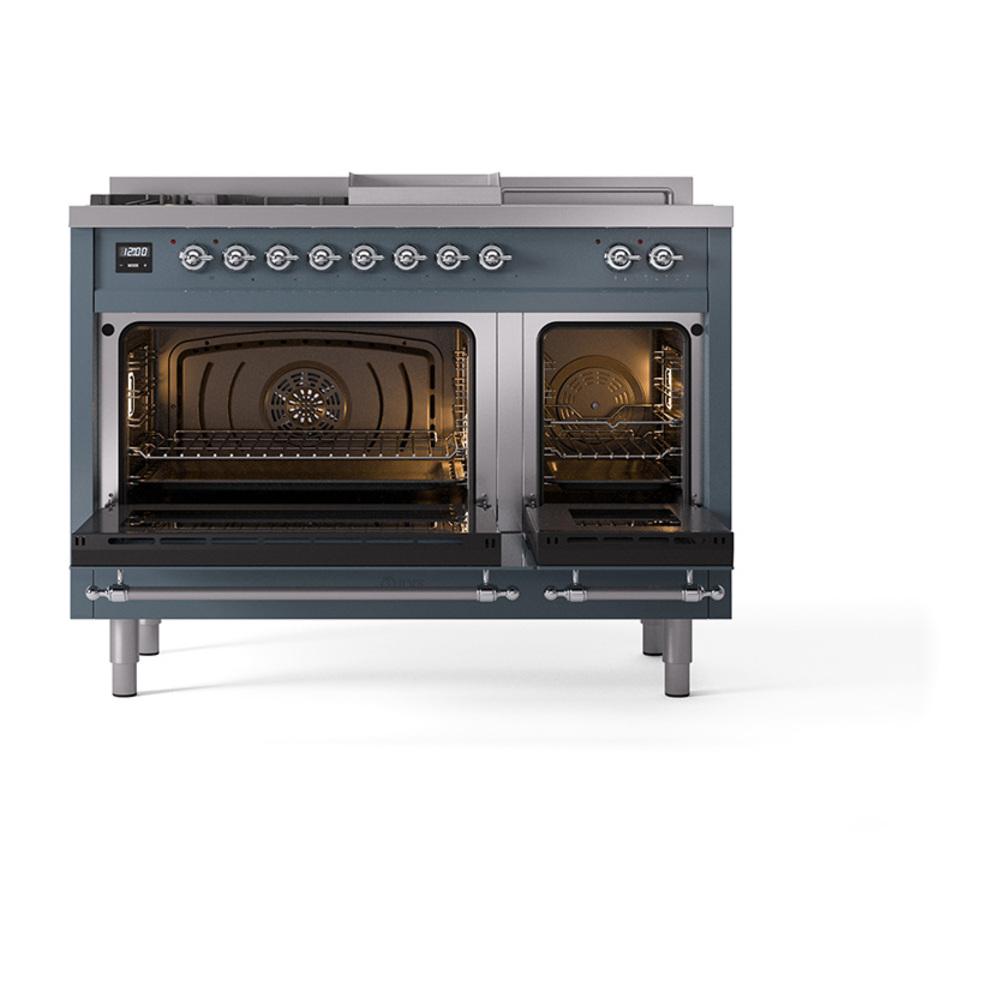 ILVE UN48FSNMPBGCLP Nostalgie II Noblesse 48 inch Dual Fuel Range (5 Sealed Burners + Griddle + French Top, Liquid Propane, Triple Glass Door, Blue Grey, Chrome)