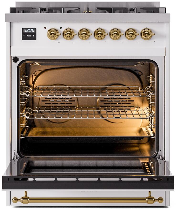 Nostalgie II 30 Inch Dual Fuel Natural Gas Freestanding Range in White with Brass Trim