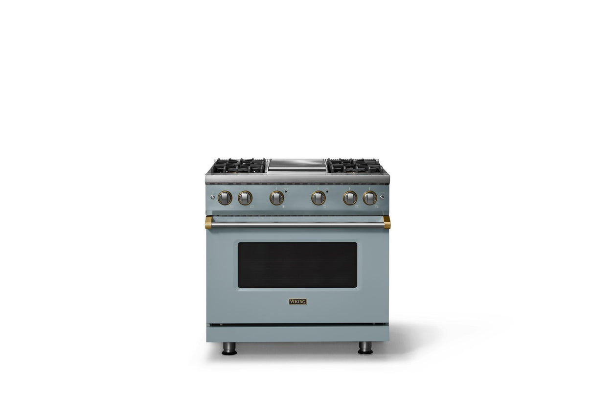 36"W. Sealed Burner Gas Range (Burner: 4g, Finish: November Sky, Trim: Brushed Brass, Fuel: Propane)