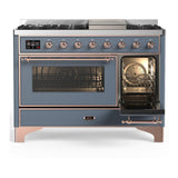 ILVE UM48FNR3BGP Majestic III 48 inch Dual Fuel Range with 8 Burners and Griddle, Dual Function Burner up to 25,000 BTU (Natural Gas, Triple Glass Door, Blue Grey, Copper)