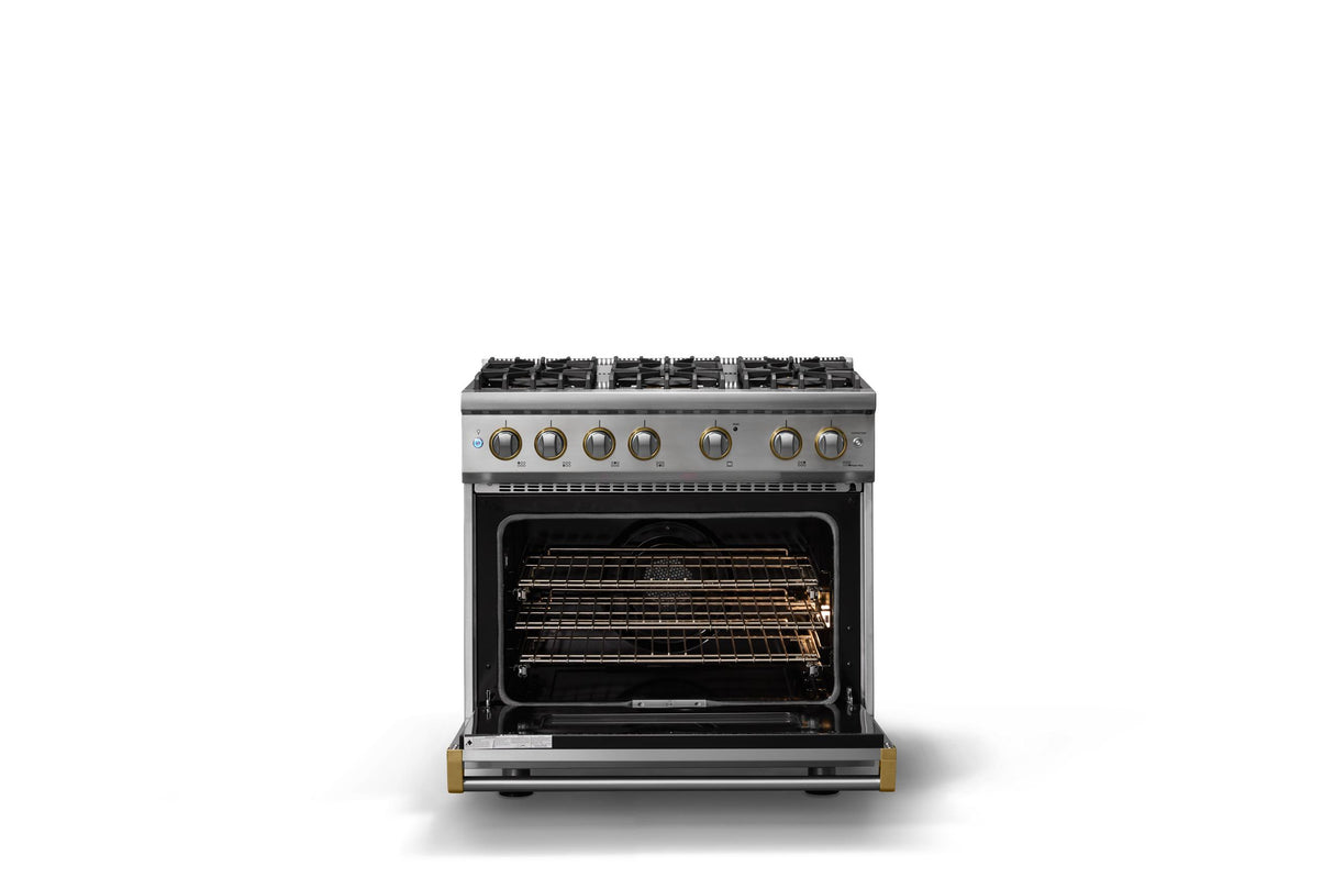 36"W. Sealed Burner Gas Range (Burner: 6b, Finish: Stainless Steel, Trim: Brushed Brass, Fuel: Natural Gas)