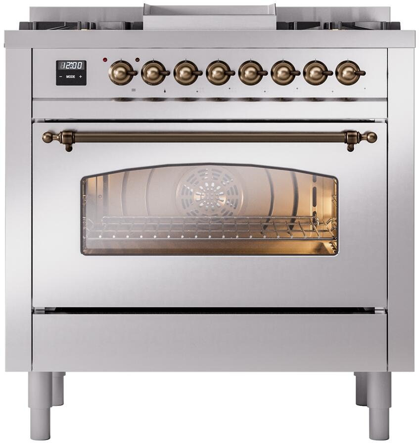 Nostalgie II 36 Inch Dual Fuel Natural Gas Freestanding Range in Stainless Steel with Bronze Trim