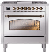 Nostalgie II 36 Inch Dual Fuel Natural Gas Freestanding Range in Stainless Steel with Bronze Trim