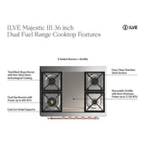 ILVE UM36FNR3AWCLP Majestic III 36 inch Dual Fuel Range with 6 Black Brass Burners and Griddle, Dual Function Burner up to 25,000 BTU (Triple Glass Door, Antique White, Chrome, Liquid Propane)