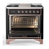 ILVE UM36FQNR3BKP Majestic III 36 inch Dual Fuel Range with 6 Black Brass Burners and Griddle, Dual Function Burner up to 25,000 BTU (Solid Door, Glossy Black, Copper, Natural Gas)