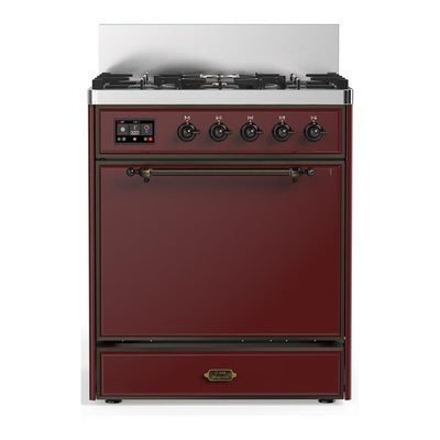 ILVE UM30QNR3BUB Majestic III 30 inch Dual Fuel Range with 5 Black Brass Burners, Dual Function Burner up to 25,000 BTU (Natural Gas, Solid Door, Burgundy, Burnished)