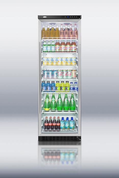Commercial glass door beverage merchandiser with 14.5 cu.ft. capacity and a digital thermostat