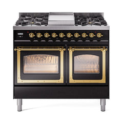 ILVE UND40FNMPBKG Nostalgie II Noblesse 40 inch Dual Fuel Range (Natural Gas, Triple Glass Door, Glossy Black, Brass)