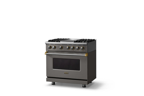36"W. Dual Fuel Range (Burner: 4g, Finish: Damascus Gray, Trim: Brushed Brass, Fuel: Natural Gas)