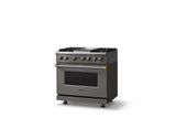 36"W. Dual Fuel Range (Burner: 4g, Finish: Damascus Gray, Trim: Brushed Brass, Fuel: Propane)