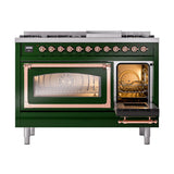 ILVE UN48FNMPEGPLP Nostalgie II Noblesse 48 inch Dual Fuel Range (8 Sealed Burners + Griddle, Liquid Propane, Triple Glass Door, Emerald Green, Copper)