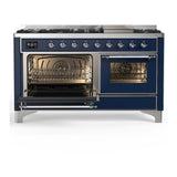 ILVE UM60FNR3MBC Majestic III 60 inch Dual Fuel Range with 9 Burners and Griddle, Dual Function Burner up to 25,000 BTU (Natural Gas, Triple Glass Door, Midnight Blue, Chrome)