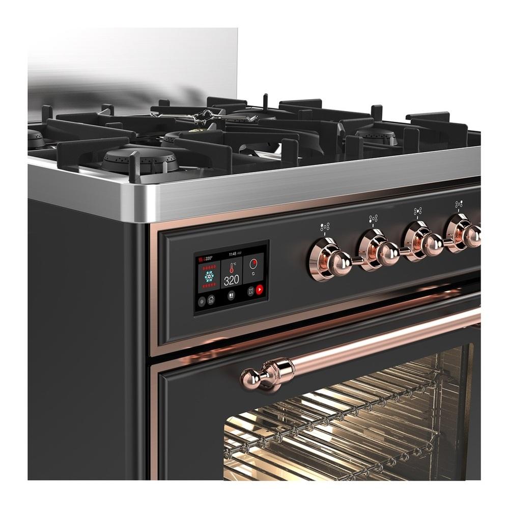 ILVE UM30NR3MGPLP Majestic III 30 inch Dual Fuel Range with 5 Black Brass Burners, Dual Function Burner up to 25,000 BTU (Liquid Propane, Triple Glass Door, Graphite Matte, Copper)