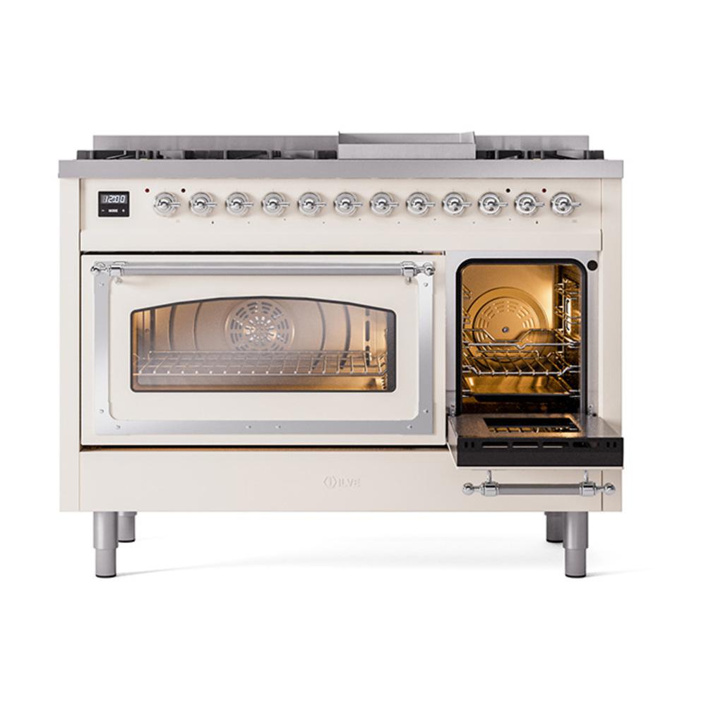 ILVE UN48FNMPAWCLP Nostalgie II Noblesse 48 inch Dual Fuel Range (8 Sealed Burners + Griddle, Liquid Propane, Triple Glass Door, Antique White, Chrome)