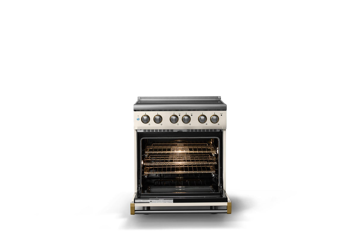 30"W. Electric Range (Finish: Pure White, Trim: Brushed Brass)