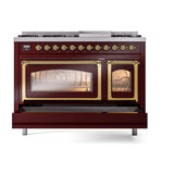 ILVE UN48FNMPBUGLP Nostalgie II Noblesse 48 inch Dual Fuel Range (8 Sealed Burners + Griddle, Liquid Propane, Triple Glass Door, Burgundy, Brass)