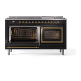 ILVE UN60FNMPBKG Nostalgie II Noblesse 60 inch Dual Fuel Range (9 Sealed Burners + Griddle, Natural Gas, Triple Glass Door, Glossy Black, Brass)