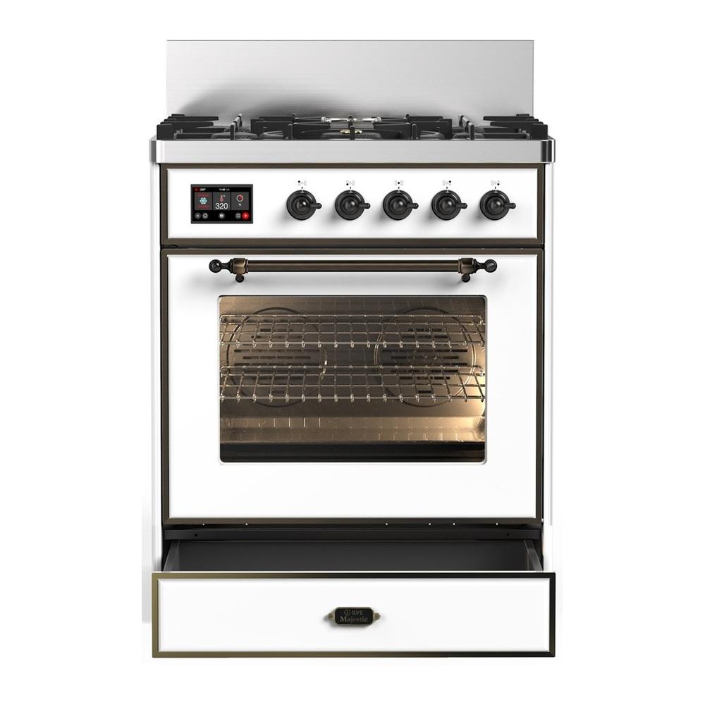 ILVE UM30NR3WHBLP Majestic III 30 inch Dual Fuel Range with 5 Black Brass Burners, Dual Function Burner up to 25,000 BTU (Liquid Propane, Triple Glass Door, White, Burnished)