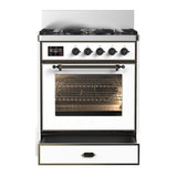 ILVE UM30NR3WHBLP Majestic III 30 inch Dual Fuel Range with 5 Black Brass Burners, Dual Function Burner up to 25,000 BTU (Liquid Propane, Triple Glass Door, White, Burnished)