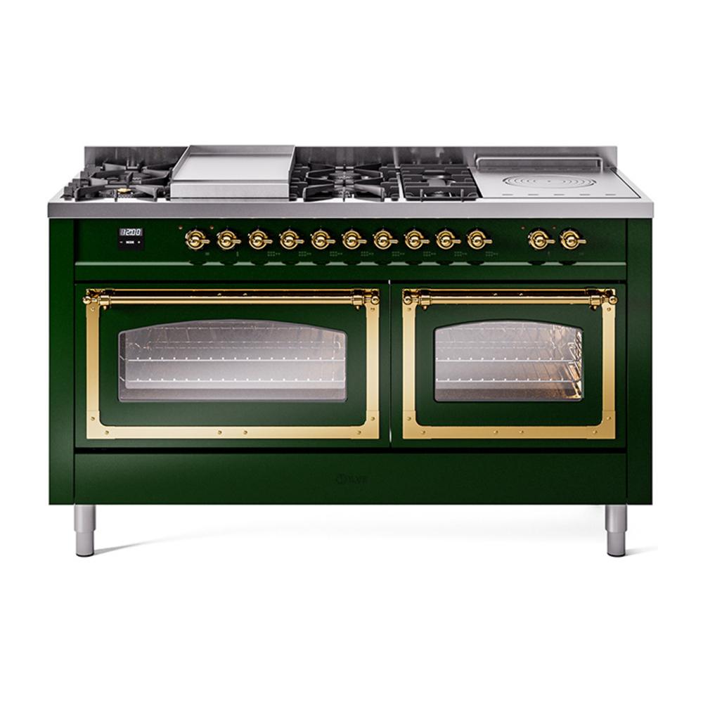 ILVE UN60FSNMPEGGLP Nostalgie II Noblesse 60 inch Dual Fuel Range (7 Sealed Burners + Griddle + French Top, Liquid Propane, Triple Glass Door, Emerald Green, Brass)