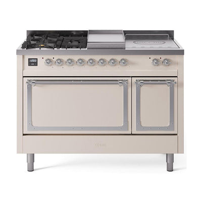 ILVE UN48FSQNMPAWCLP Nostalgie II Noblesse 48 inch Dual Fuel Range (5 Sealed Burners + Griddle + French Top, Liquid Propane, Solid Door, Antique White, Chrome)